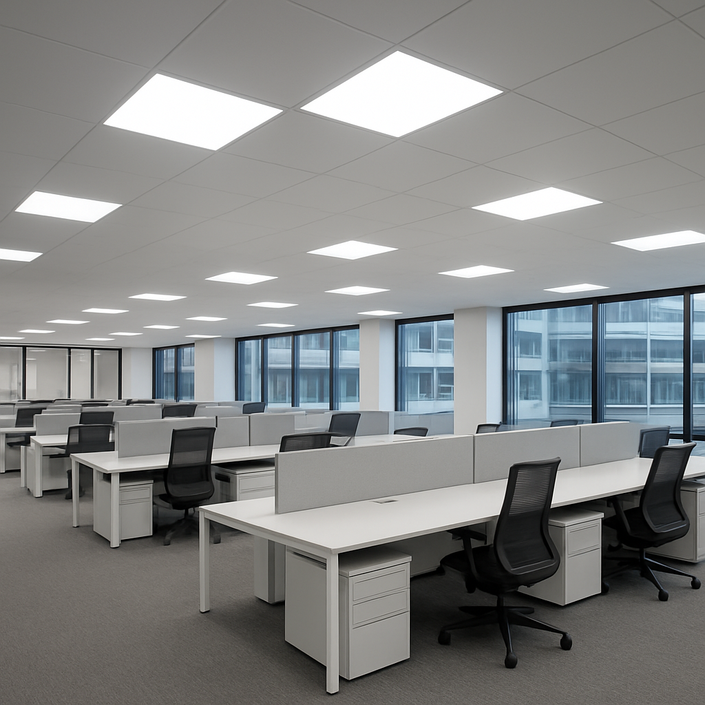 Modern commercial office with bright LED ceiling lighting