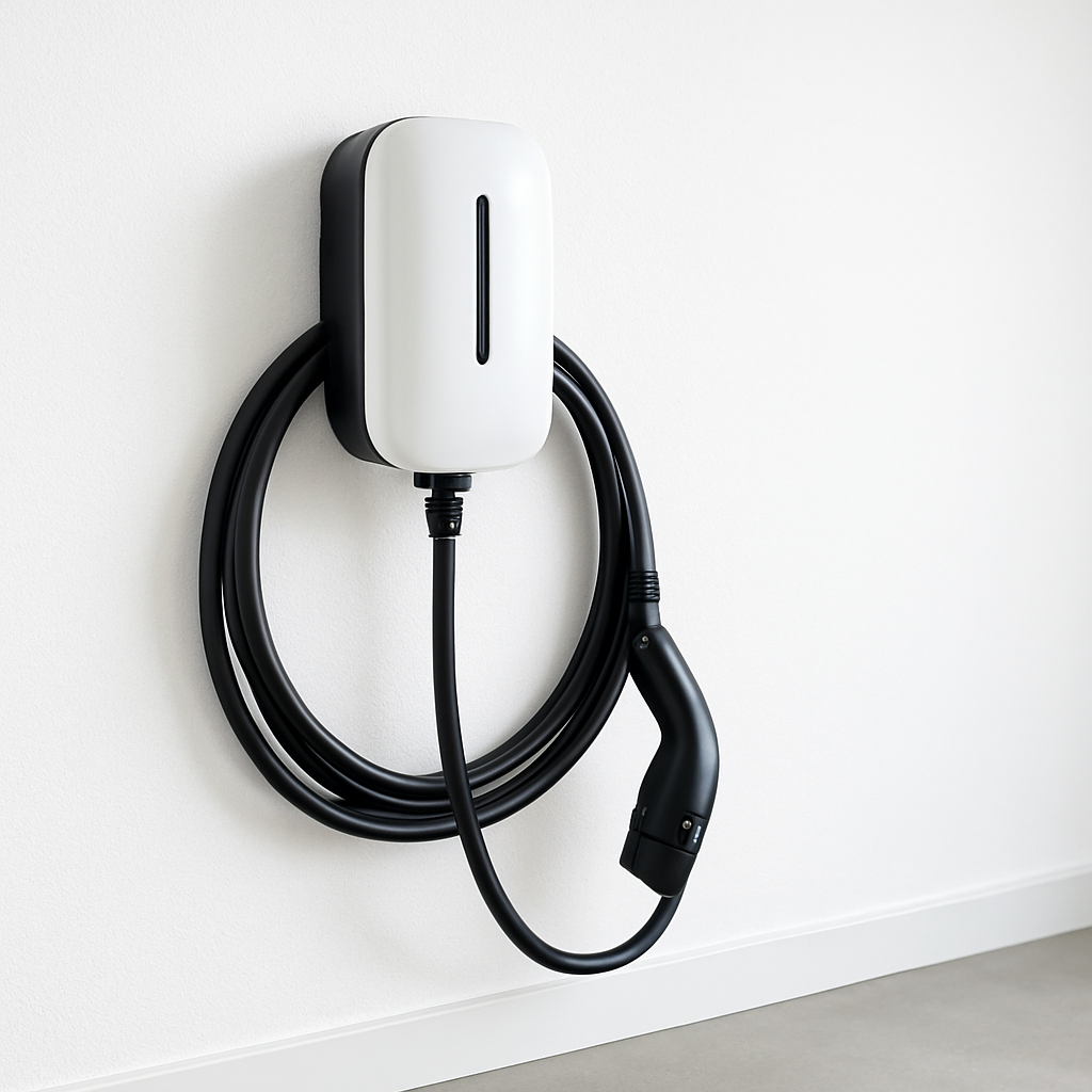 Electric vehicle charging station mounted on a garage wall