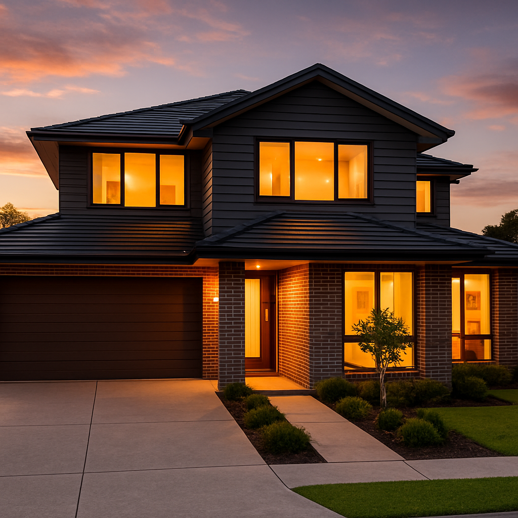 Modern Australian residential home lit up at dusk