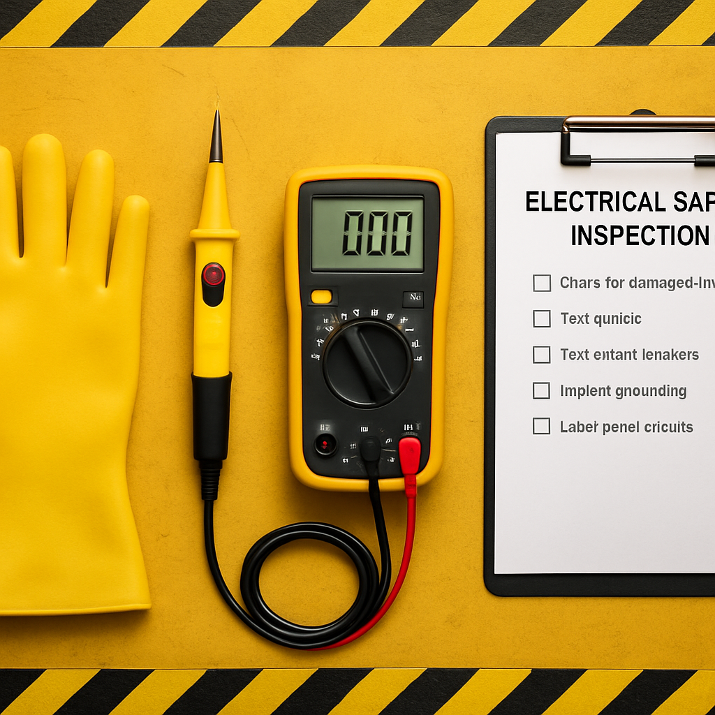 Electrical safety testing equipment laid out on a workbench